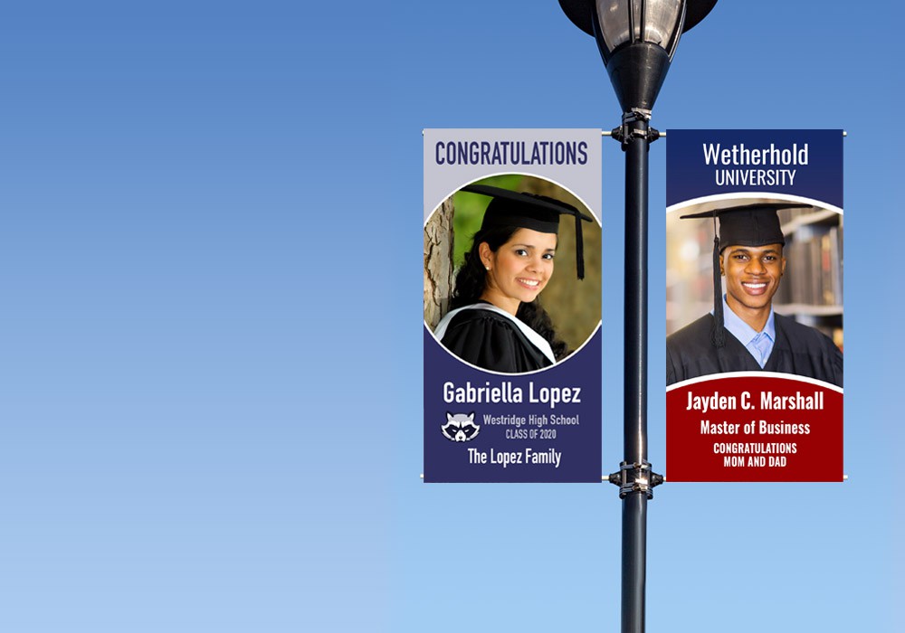 A Westridge High School graduate and a Westridge University graduate on separate posters.