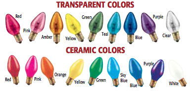 List of transparent christmas lights and a list of ceramic christmas lights. There are 9 colors