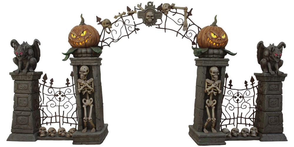 Halloween-themed wall with an arch. A goblin, skeleton, and a pumpkin are pictured on both sides