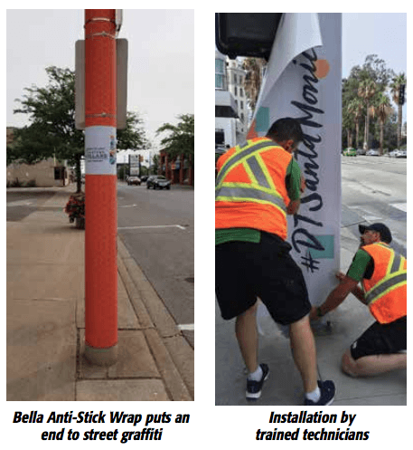 Side-by-side pictures of trained technicians installing Bella Anti-Stick Wrap to stop graffiti