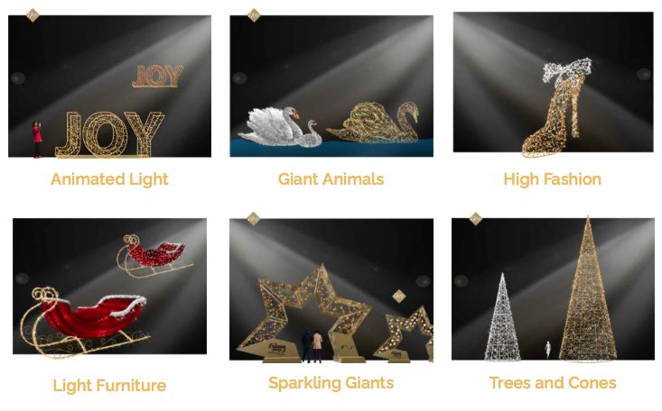 Photos of animated light, giant animals, fashion, light furniture, sparkling giants, and trees/cones