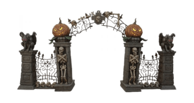 Halloween-themed wall with an arch. A goblin, skeleton, and a pumpkin are pictured on both sides