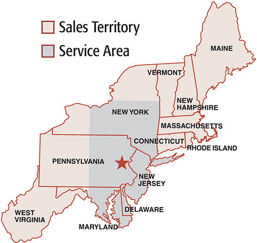 Map of Rileighs Decor's Sales Service Area. Includes states from West Virginia to Maine