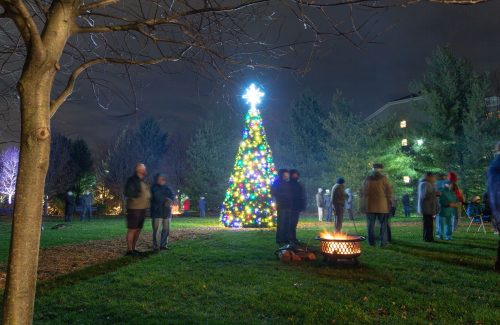 People huddles outside with a multi-colored christmas tree