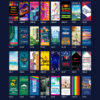 picture of four rows of eight banners totaling 32 banner showing examples of events and downtown custom banners