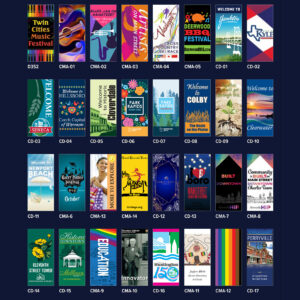 picture of four rows of eight banners totaling 32 banner showing examples of events and downtown custom banners