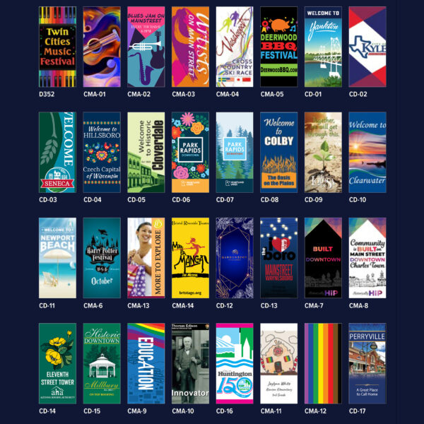 picture of four rows of eight banners totaling 32 banner showing examples of events and downtown custom banners