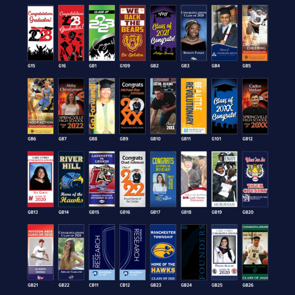 Picture of four rows of eight banners totaling 32 examples of graduation and school banners.