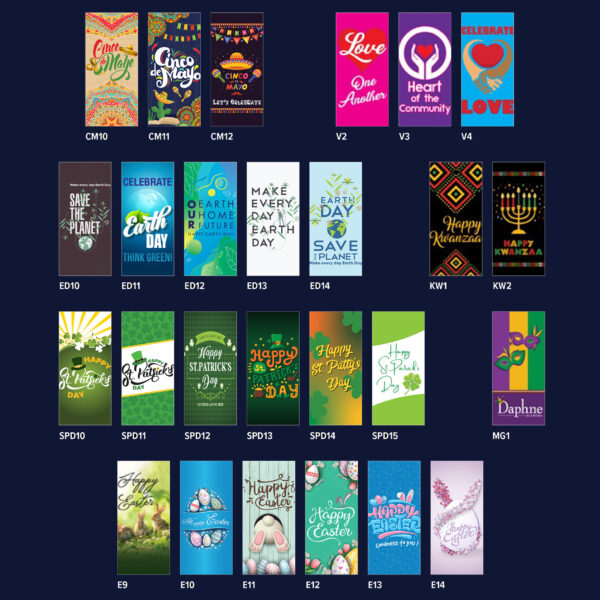 Sample showing 26 banners across four rows. Banners showing examples of holidays such as Easter, St. Patrick's Day, Cinco de Mayo, Earth Day, Kwanzaa, and Valentine's Day