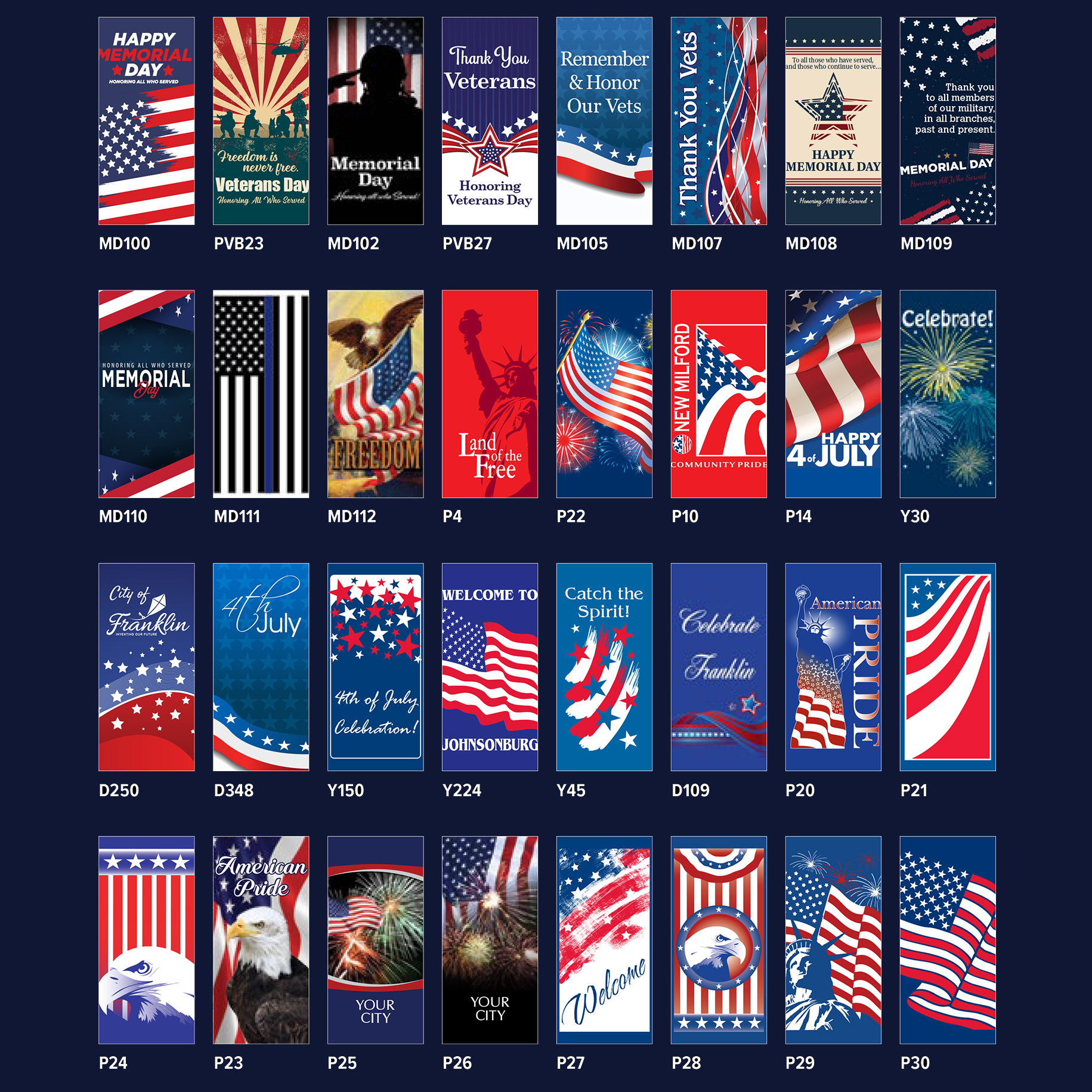 Four rows of banners each row with eight banners totaling 32 examples of banners for patriotic events such as July 4th