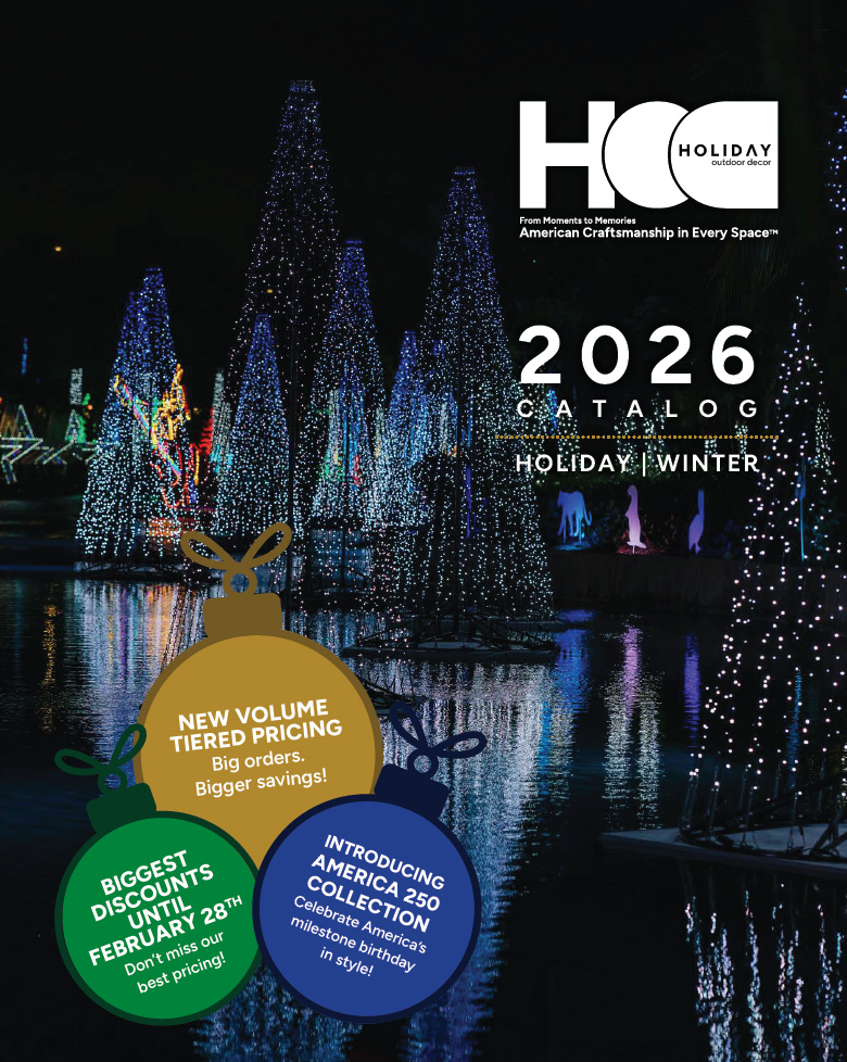 Cover for 2026 Holiday Outdoor Decor Winter Catalog. Shows a picture from Hard Rock Hotel in Hollywood Florida featuring our custom designs on the water at night.