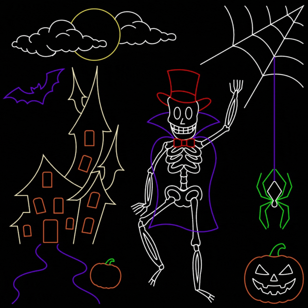 Halloween Modflex Animation featuring a dancing skeleton, haunted house, a spider and spiderweb, and a jack-o-lantern as a silhouette holiday ground display